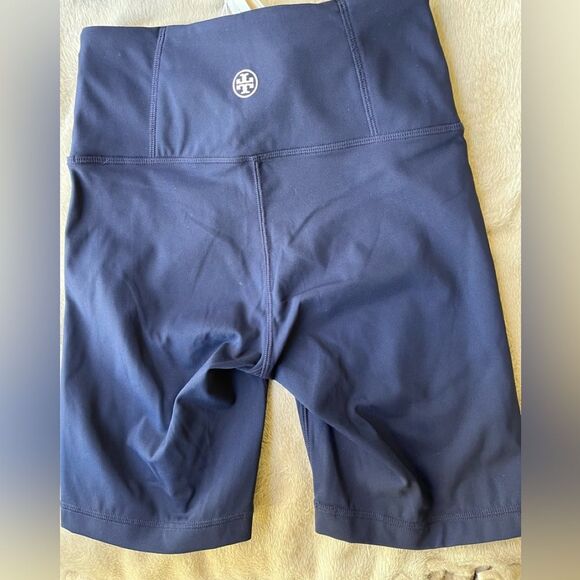 Tory Burch blue/white/green color block sports bra & highrise bike shorts set XS - Picture 13 of 14